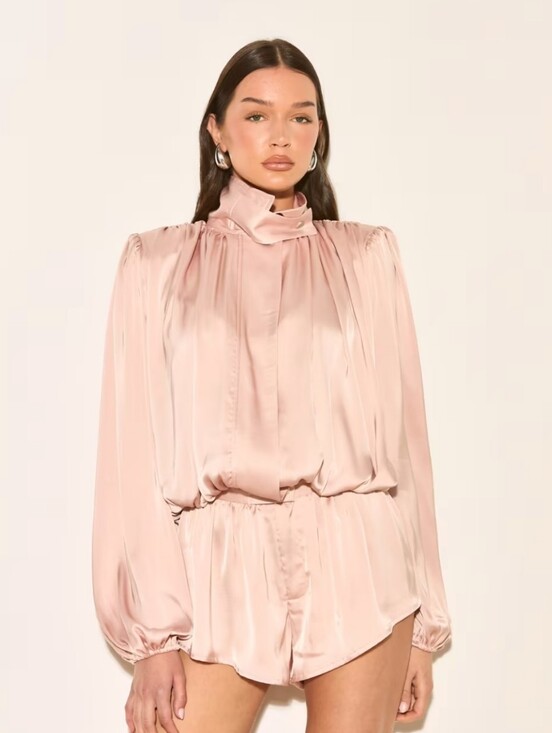 noughts and kisses Pants - Blush Pink Satin High-Neck Romper